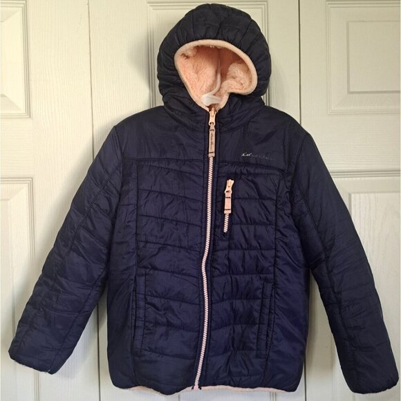 Eddie Bauer Girls 5/6 Reversible Navy/Pink Hooded Winter Fleece Puffer Jacket - Picture 1 of 10